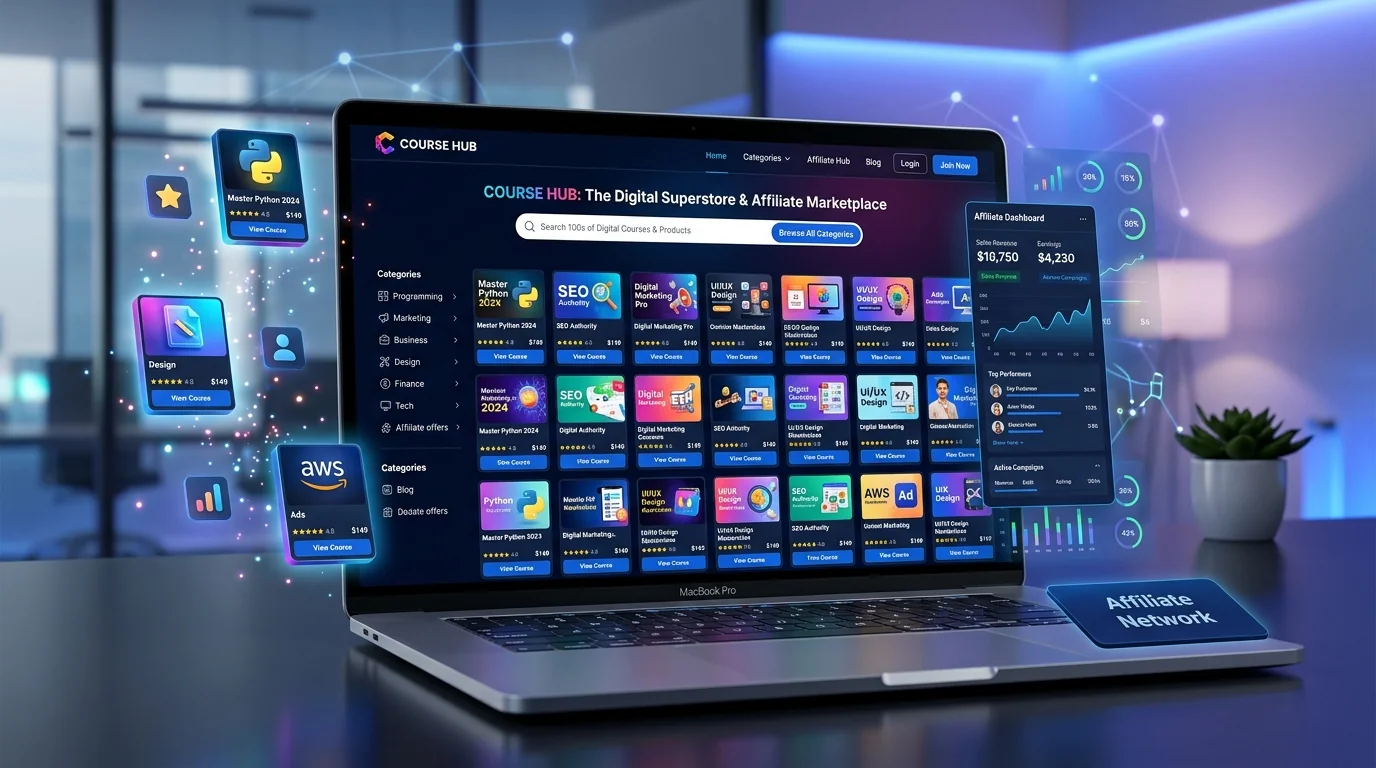 Mockup 3D de la Mega Tienda de Cursos Online y Productos de Afiliados en Odoo