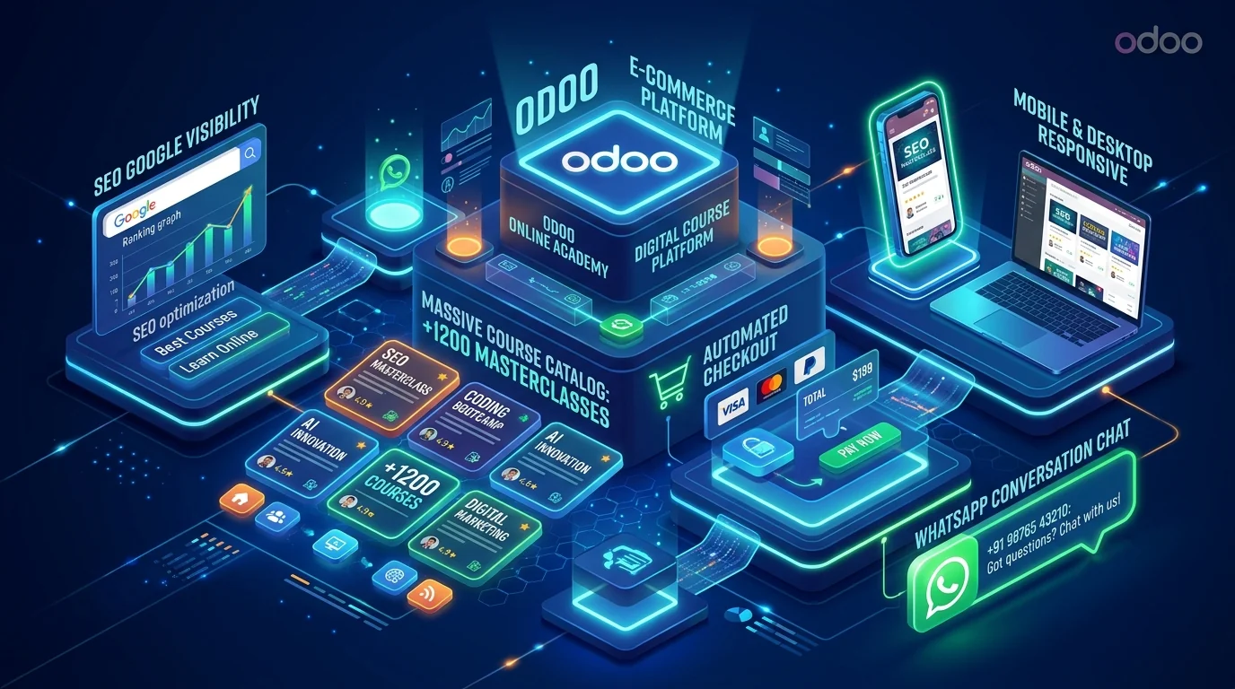 Arquitectura 3D de la plataforma de cursos sobre Odoo con catálogo masivo, SEO y WhatsApp